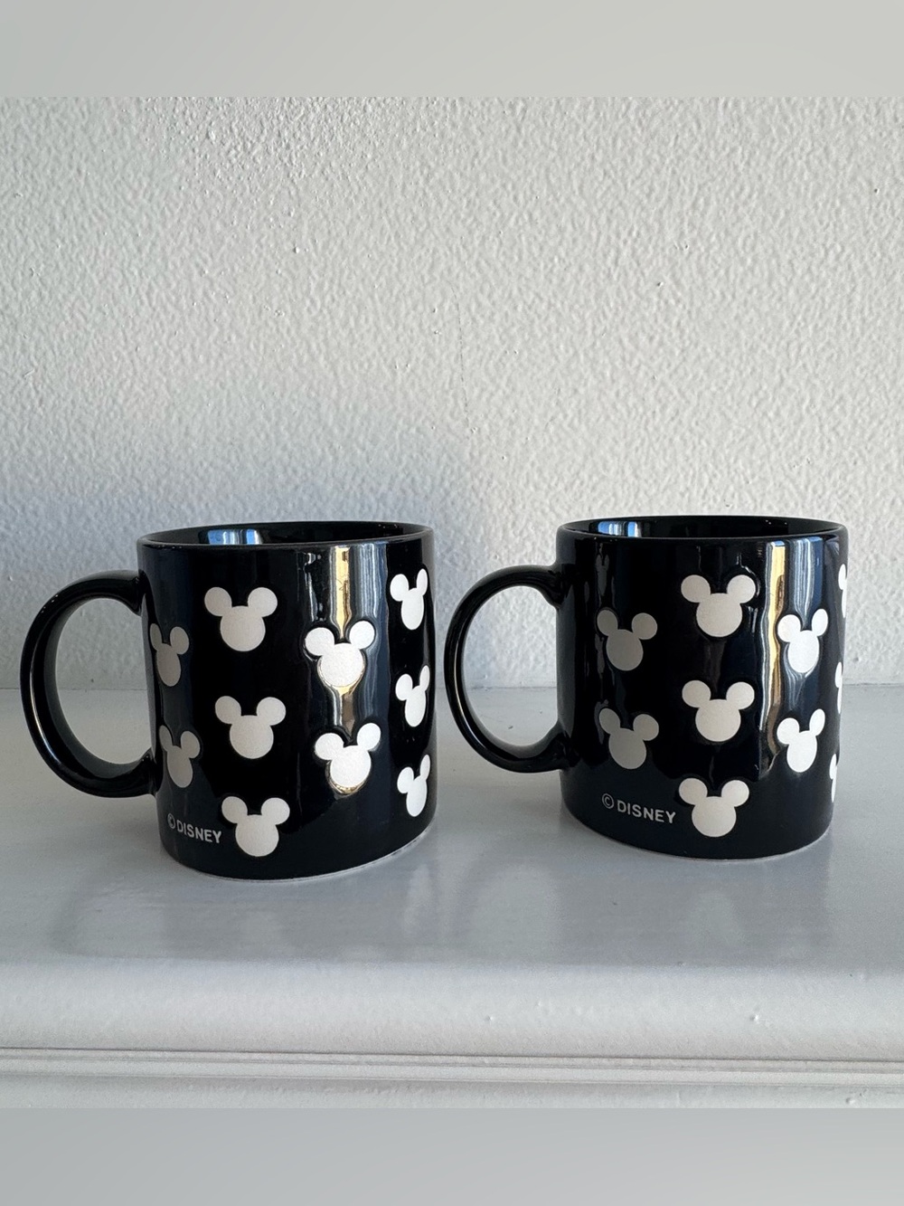 Disney Coffee Mugs Black & White Mickey Mouse Silhouette Ears Logo Set of 2 Used